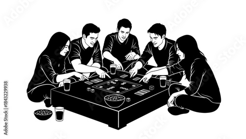 Friends Gathered for a Board Game Night, Engaged in Strategic Play and Lively Conversation in a Modern Illustration Style
