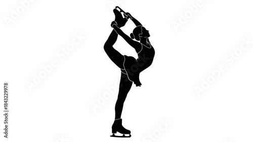 Elegant Silhouette of a Female Figure Skater Executing a High-Leg Spin on Ice, Showcasing Athleticism and Grace in Winter Sport Performance