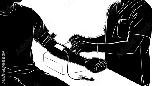 Medical illustration of blood donation process, showing blood being drawn from an arm