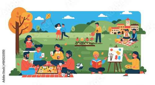 People Enjoying Leisure Activities in a Park on a Sunny Day.