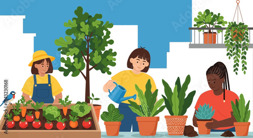 People Gardening Together in an Urban Setting with Plants and Vegetables.