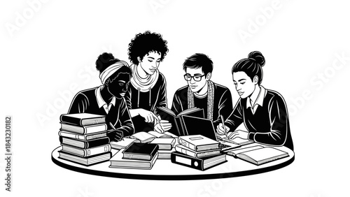 Engaged diverse student group deeply focused on collaborative academic studies, surrounded by numerous books and educational materials