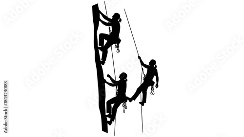 Silhouette of three people climbing a steep rock face with ropes and harnesses