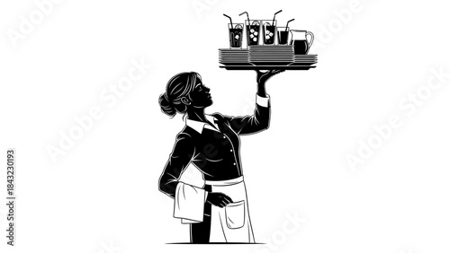 Silhouette of a Waitress carrying a tray full of beverages at a cafe or restaurant