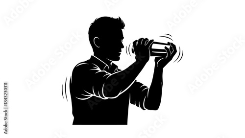 Dynamic silhouette of a male bartender vigorously shaking a cocktail mixer, preparing a refreshing alcoholic beverage with professional skill