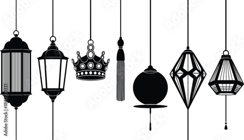 Hanging lantern, crown, and tassel silhouette vector set for vintage lighting, decorative design, black and blue elegant illustration theme