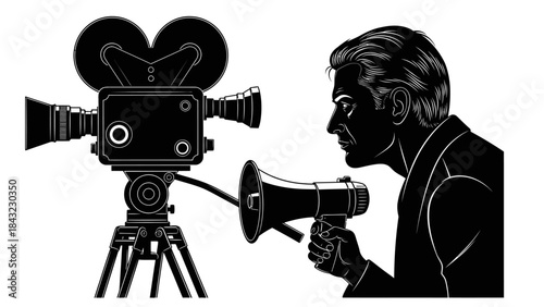 Vintage film camera and director with megaphone in black and white illustration
