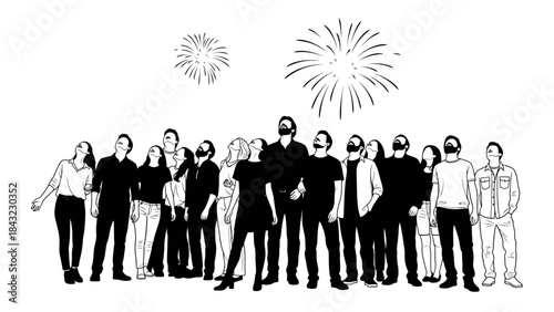 A diverse group of people gazes skyward, celebrating a festive occasion under a sky lit by sparkling fireworks