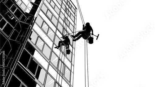 Dynamic black and white illustration of two window cleaners rappelling down a modern skyscraper, showcasing urban maintenance at great heights