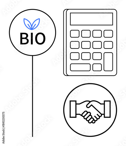 Bio sustainability concept. Bio image with eco-friendly focus, handshake symbol of cooperation, and calculator calculation of green initiatives. For environmental impact, eco-business, partnerships