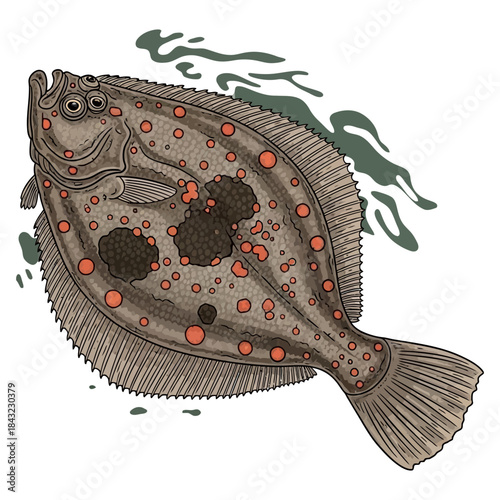 European plaice flatfish halibut flounder illustration with orange spots on its speckled brown skin