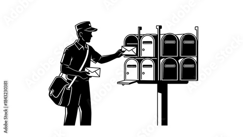 Silhouette of a mail carrier delivering mail to a row of mailboxes