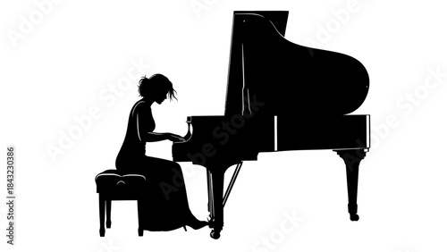 Elegant Silhouette of a Woman Playing a Grand Piano on a White Background