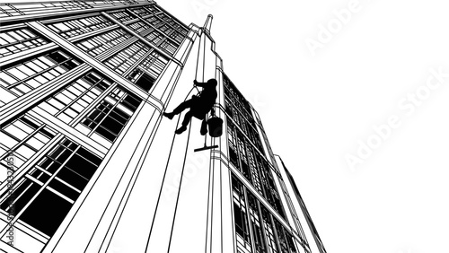 Window cleaner rappelling down a skyscraper, perspective from below