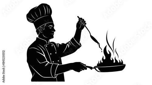 Dynamic culinary scene featuring a professional chef skillfully flambéing food in a hot pan, an iconic symbol of gourmet cooking and restaurant excellence
