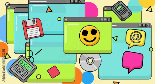 Retro Computer Interface with Floppy Disk and Smiley Face.