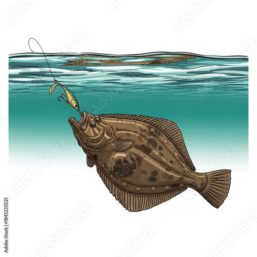 Flounder halibut fish attacking a jig lure underwater illustration for sport fishing theme