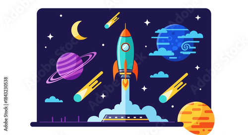 Rocket Launching into Space with Planets, Stars, and Celestial Bodies.