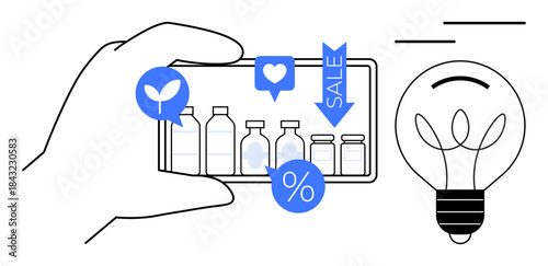 E-commerce, sustainable shopping, marketing strategies, innovation, digital sales, product promotion. Smartphone showing products with discount, eco tag and lightbulb. E-commerce and sustainable