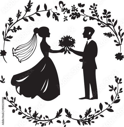Black silhouette vector illustration of kissing bride and groom couple on their wedding day ceremony