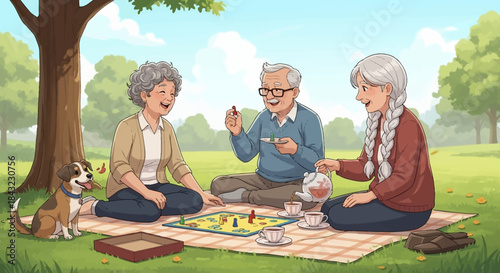 Seniors Enjoying a Picnic and Board Game in the Park with Dog.