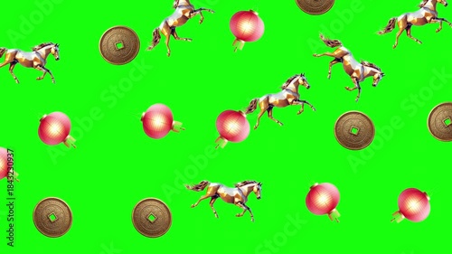 Graceful horses running and jumping in a vibrant outdoor setting with floating lanterns and coins for dynamic visual effects