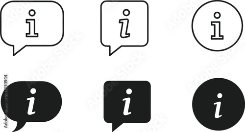Set of six vector information icons in outline and silhouette styles for help support and web button interface design
