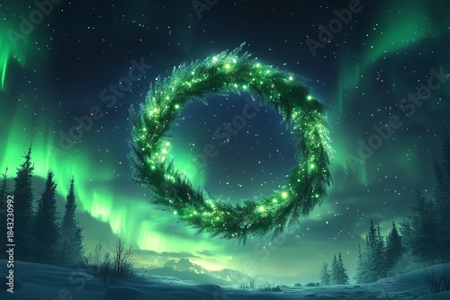 Magical Christmas Wreath Floating Under Aurora Borealis in Snowy Forest, Generative AI.
