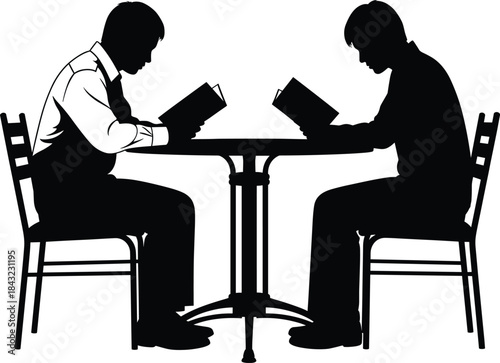 Reading silhouette vector of two people at table with books, studying posture, quiet learning scene, education, library, concentration