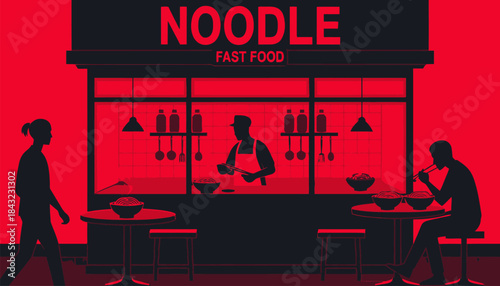 Noodle Fast Food Shop Silhouette Vector with Open Sign, Capturing the Essence of Asian Cuisine, Quick Service, and Casual Dining