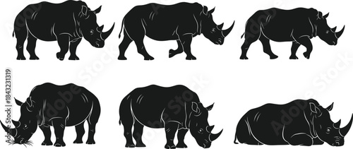 Rhinoceros silhouette vector set showing grazing, walking, standing, and lying poses with horn details for wildlife and anatomy themes.