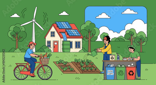 Sustainable Living Illustration - Renewable Energy, Recycling, and Eco-Friendly Lifestyle.