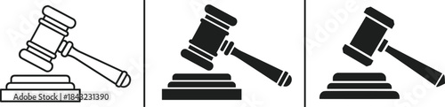 Set of three vector judge gavel icons in outline and silhouette styles for legal court, justice system, and auction concepts