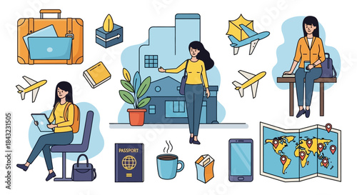 Travel and Vacation Planning Illustration with Suitcase, Passport, Map, and People.