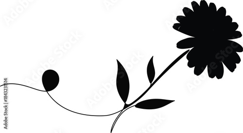 Elegant Black Floral Design with Delicate Leaves and Curvy Stem for Modern Branding and Stylish Decor