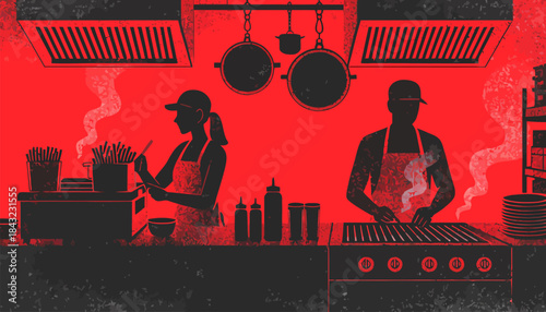 Fast Food Restaurant Kitchen with Fryers Silhouette Vector Icon - Commercial Food Preparation Equipment