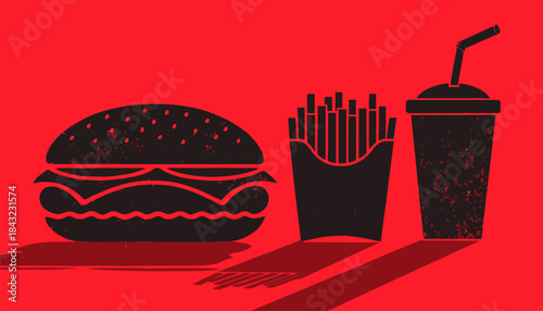 Flat Vector Silhouette of a Classic Fast Food Combo Meal with Burger, Fries, and Soda Drink.
