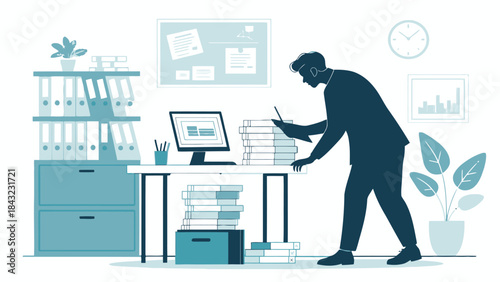 Flat Vector Silhouette of an Accountant Organizing Files and Documents, Managing Records Efficiently.