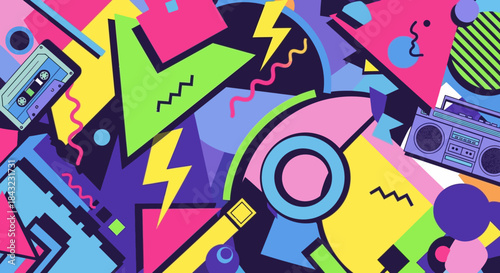 Vibrant 90s Retro Pattern with Geometric Shapes and Cassette Tapes.