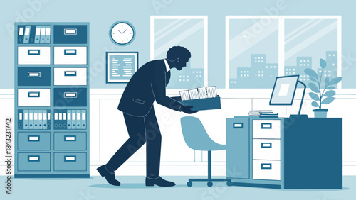 Flat Vector Silhouette of an Accountant Organizing Files and Documents, Managing Records Efficiently.