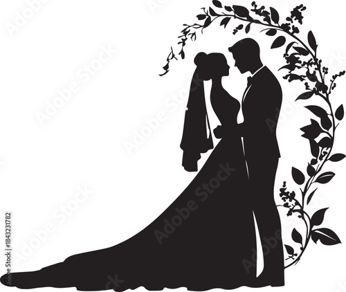Silhouette illustration of a romantic bride and groom couple dancing in wedding dress and gown