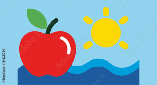 Vibrant Apple, Sun, and Waves Graphic Illustration for Healthy Living.