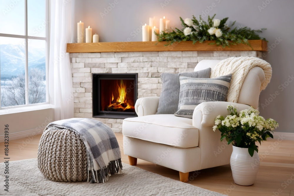 Obraz premium Cozy living room with fireplace and winter landscape outside