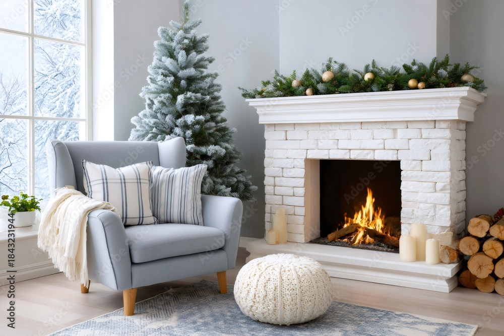 Obraz premium Cozy living room with fireplace decorated for Christmas