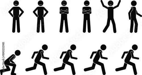 Human silhouette icons in dynamic and static poses, running motion sequence, body language vector illustration for UI, animation, and design