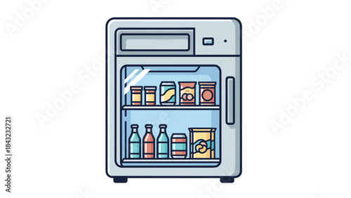 A cartoon illustration of a small refrigerator filled with various food and drink items on both shelves, Generative AI.