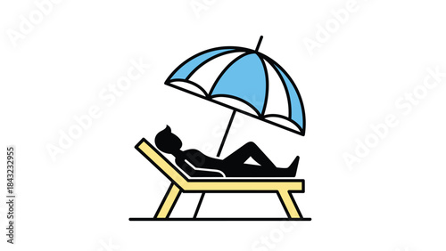 A person relaxing on a lounge chair under a blue and white umbrella on a sunny day outdoors, Generative AI.