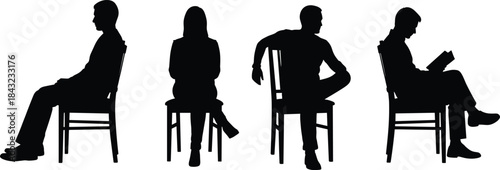 Seated people silhouette vector set showing casual and formal poses, reading, relaxing, and body language for lifestyle and ergonomic themes