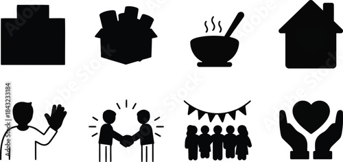 Community Engagement Icons for Social Programs: Volunteering, Charity, and Connection in Black Silhouette Style