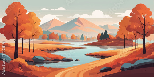 Winter mountain landscape with forest and lake reflection at sunset or sunrise